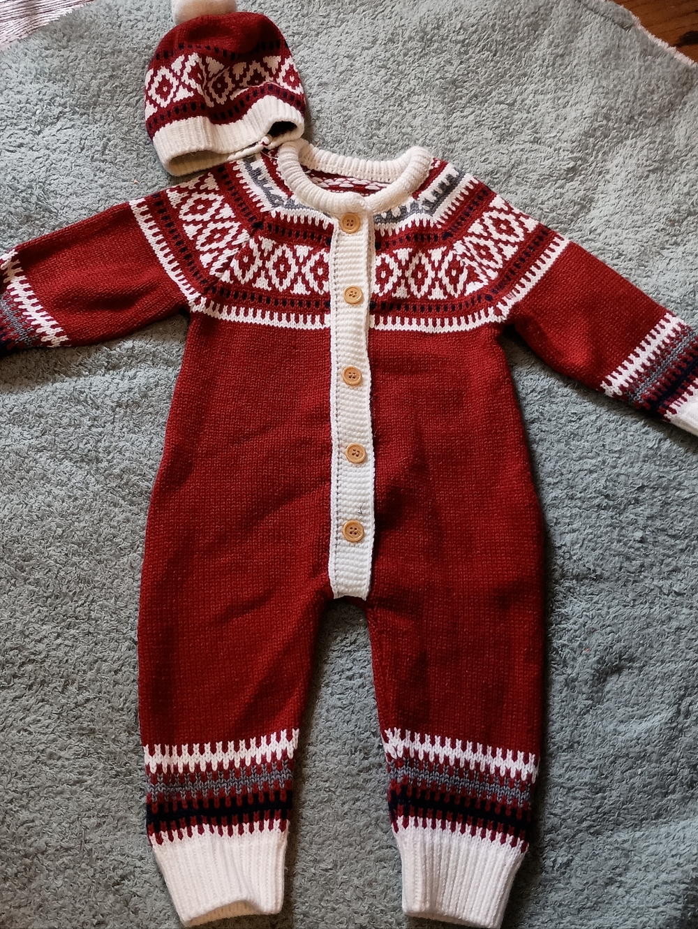 Red Fair Isle Knitted Baby Sweater Romper With Hat‎